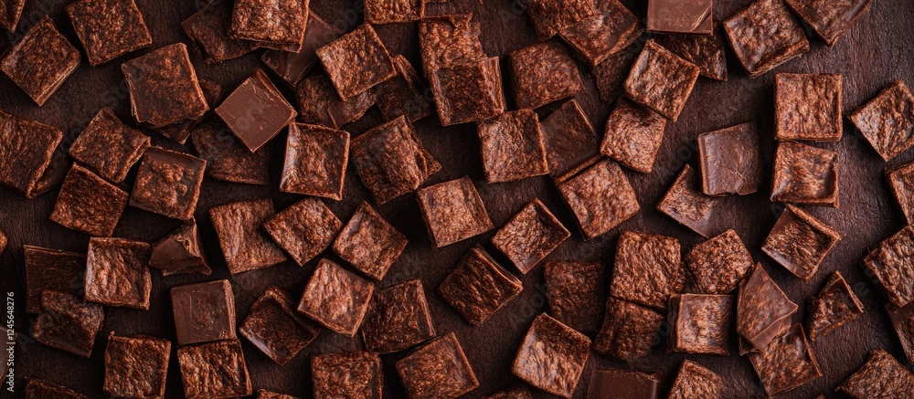 Poster flat lay of rich dark chocolate cereal pieces in various shades of brown arranged neatly on a textur