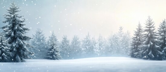 Fototapeta premium Winter landscape featuring a serene snowy scene with evergreen trees in soft hues of blue and white, perfect for minimalist Christmas designs.