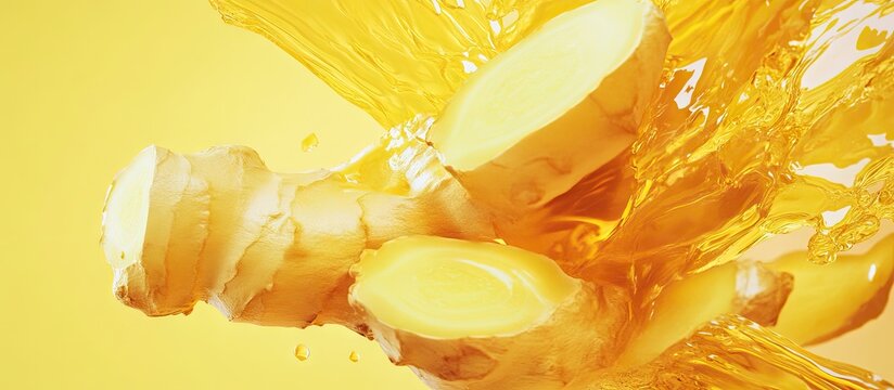 Vibrant yellow splash with fresh ginger slices in motion, showcasing the essence of ginger's texture and color against a bright background.