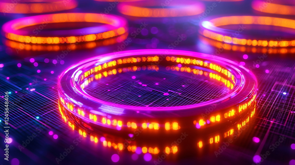 Poster glowing rings with vibrant pink and orange neon lights on a digital grid background creating a futur