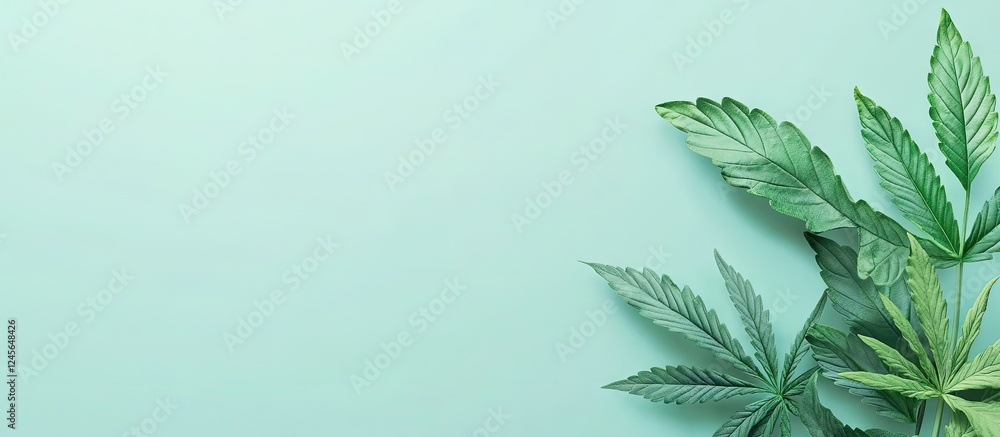Aufkleber green cannabis leaves arranged on a soft mint background with a clear space on the left for text or 