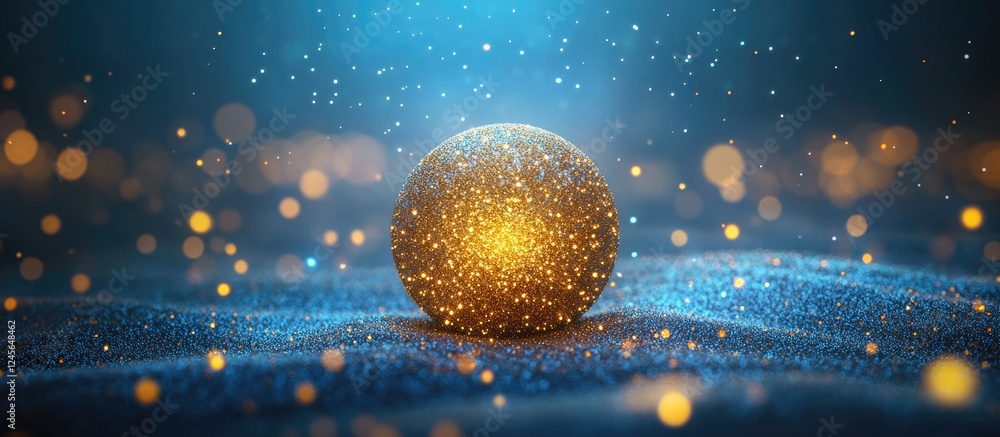 Aufkleber Golden sphere surrounded by glowing particles on a blue background with soft waves creating an ethereal and dreamy atmosphere.