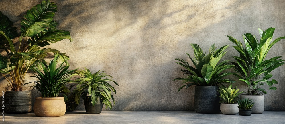 Poster indoor plants in various pots arranged on a light grey textured backdrop with soft shadows showcasin