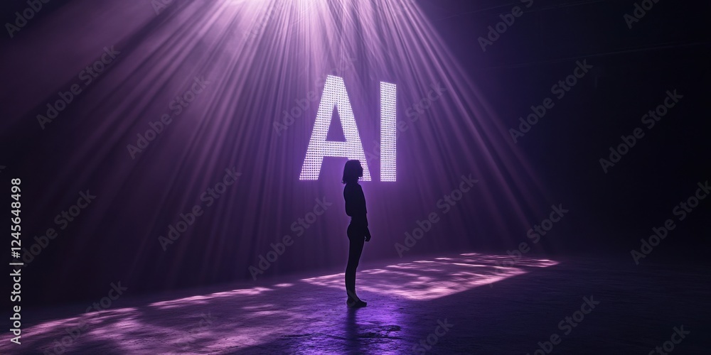 Poster silhouette of a person standing under bright light with ai text projection in a modern artistic sett