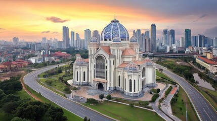 Obraz premium Sunset aerial city cathedral cityscape worship
