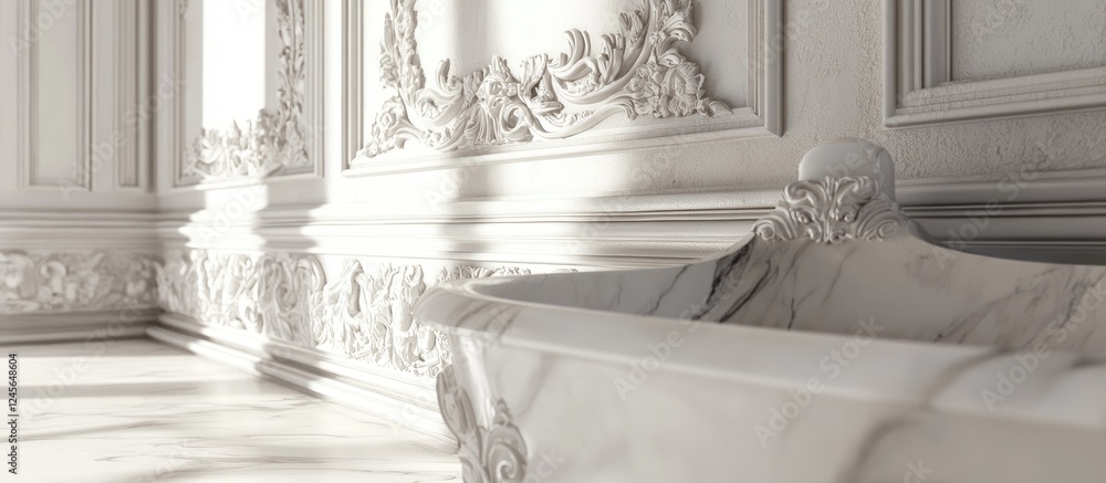 Poster Elegant white marble features with intricate relief designs and handles in soft natural light showcasing exquisite craftsmanship and artistry.