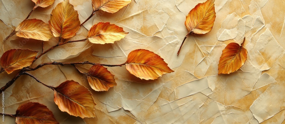 Aufkleber autumn leaves in shades of gold and orange arranged on beige textured paper creating a warm and invi