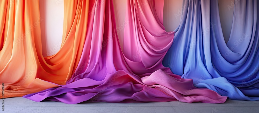 Aufkleber colorful flowing draped fabric in vibrant orange, pink and blue shades arranged in waves creating a 