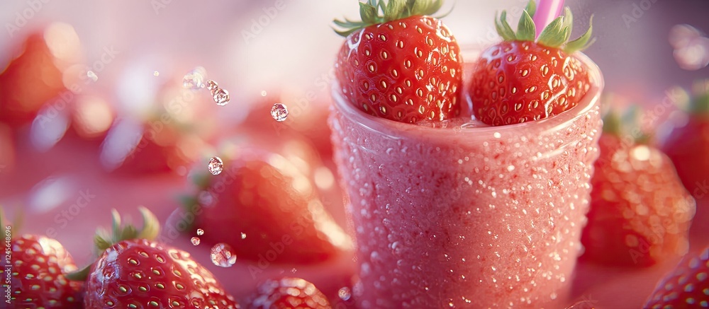 Poster strawberry yogurt smoothie in clear cup with fresh strawberries on top surrounded by strawberries wi