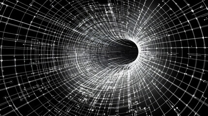Obraz premium Vortex illustration with intricate grid lines and points of light creating a sense of depth and motion against a dark background attracting the viewer's attention.