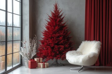 Obraz premium Elegant red Christmas tree with gifts and decor, paired with a white fur armchair and silver accents, set against a sophisticated gray wall backdrop.