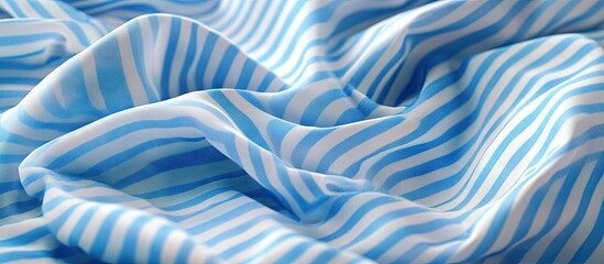 Soft blue and white striped fabric beautifully draped, showcasing vibrant colors and textures with gentle waves and folds highlighting quality craftsmanship.