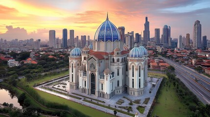 Naklejka premium Aerial Sunrise View of Majestic Cathedral in Urban Setting