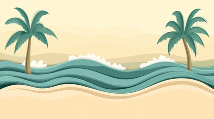 Fototapeta na wymiar Tropical beach scene; ocean waves, palm trees, sand, summer vacation banner
