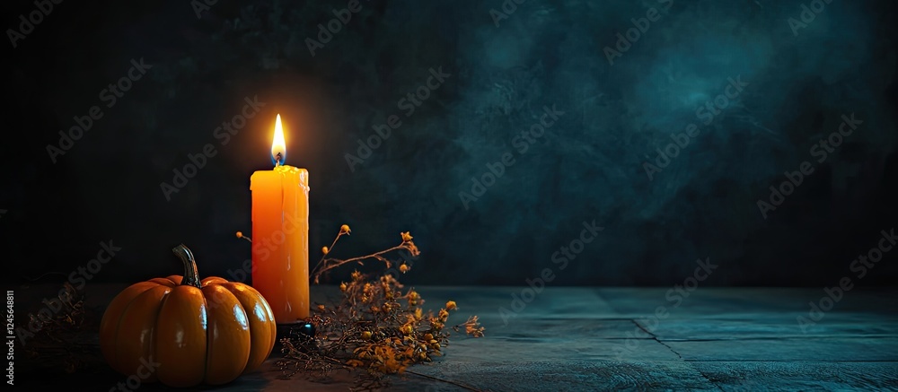 Poster candle casting warm orange light on rustic table with small pumpkin and dried foliage against a dark