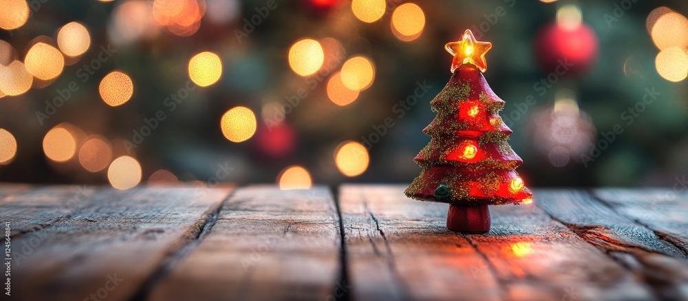 Poster Wooden tabletop foreground with a small decorated Christmas tree and blurred colorful bokeh lights in the background creating a festive atmosphere.