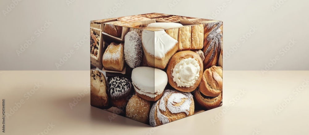 Poster Artistic bakery cube featuring an array of breads and pastries in warm browns and creamy whites against a soft beige background, enticing and unique.