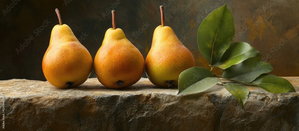 Aufkleber three ripe pears with green leaves arranged on a textured stone surface with warm earthy tones creat