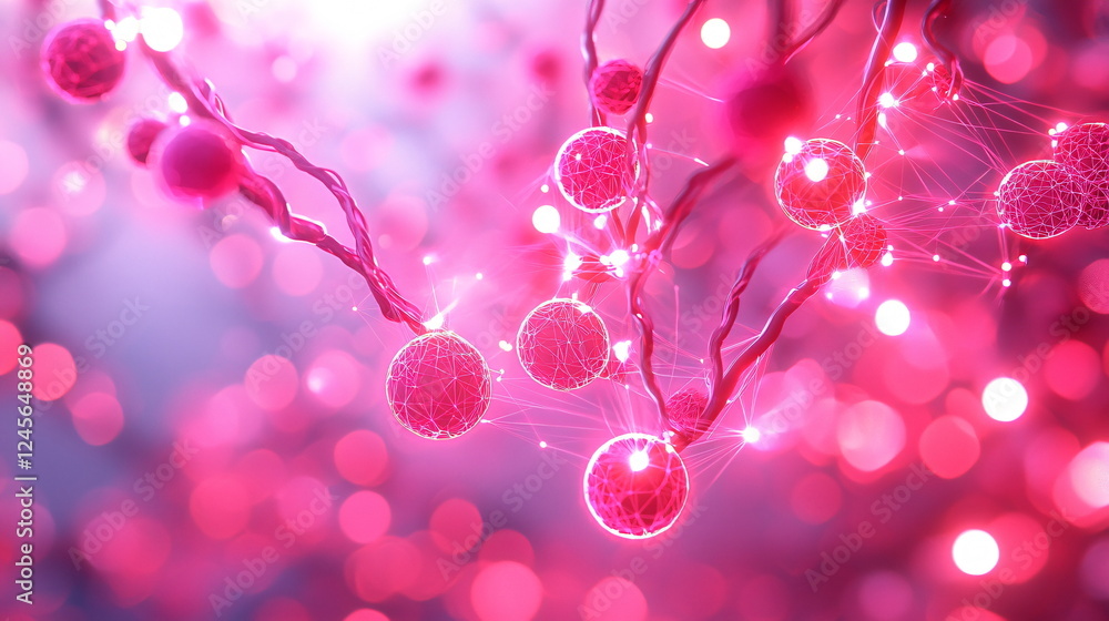 Poster vibrant pink spheres glowing with intricate patterns and interconnected lines, suspended against a s