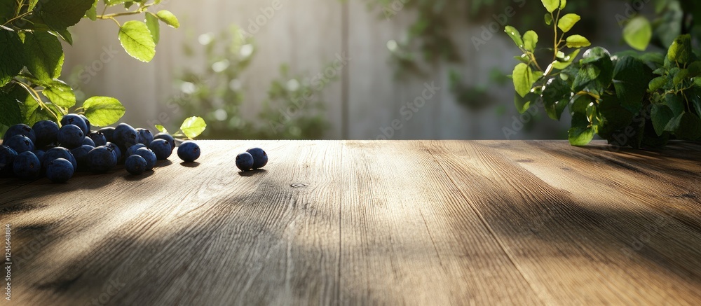 Poster wooden table with soft sunlight illuminating scattered blueberries on the left surrounded by greener