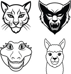 Animal Head Illustrations: Lynx, Wolf, Dinosaur, Llama - Line Art Collection