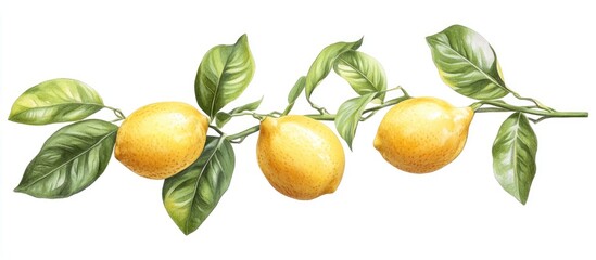 Obraz premium Vibrant glossy yellow lemons with lush green leaves arranged horizontally on a clean white background highlighting their fresh appeal