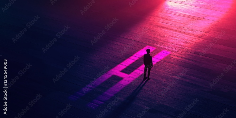 Poster solo figure in dark space with colorful shadows and lights casting abstract shapes on floor surfaces