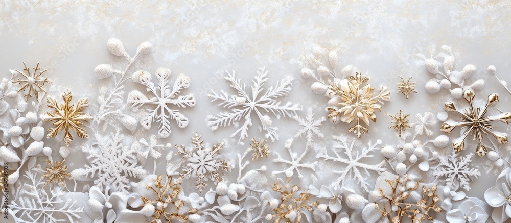 Poster festive winter border background with white and gold snowflakes elegantly arranged on a soft cream b