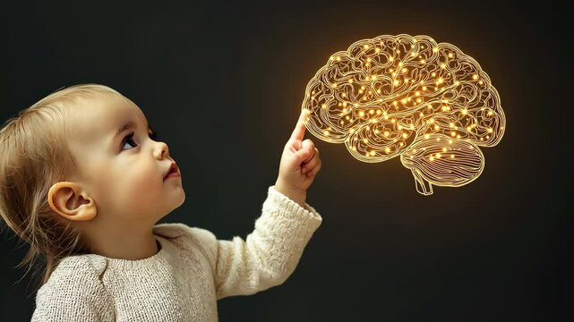 Development of the Baby's Brain: An inquisitive toddler gestures toward a glowing brain graphic