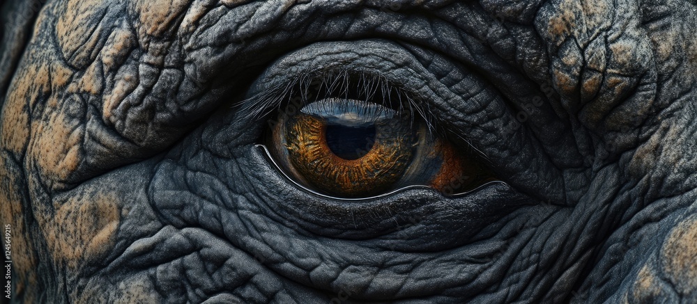 Aufkleber Close-up view of a textured reptilian eye highlighting detailed wrinkles with rich brown and black tones emphasizing intricate patterns and depth.