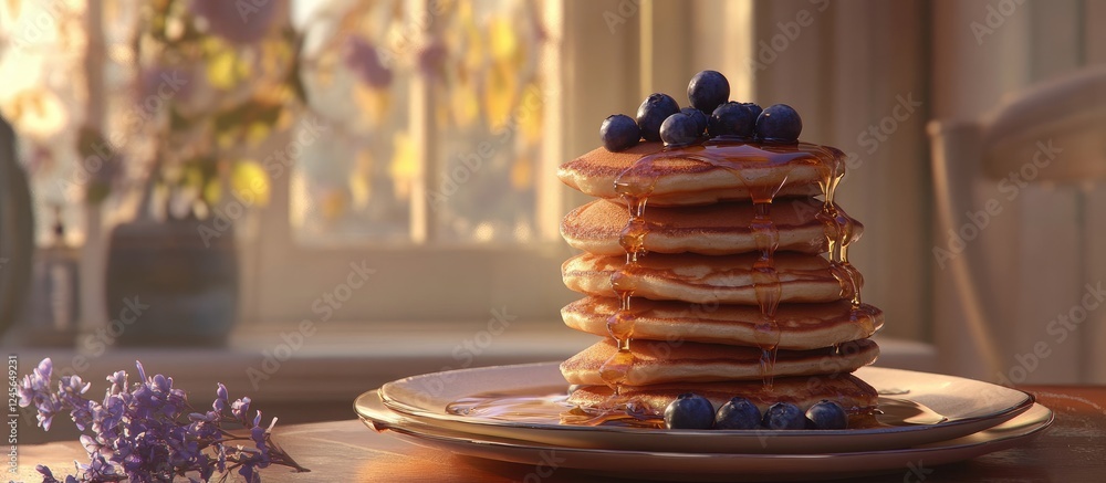 Poster stacked pancakes topped with fresh blueberries and drizzled with maple syrup on a beige plate, lit b