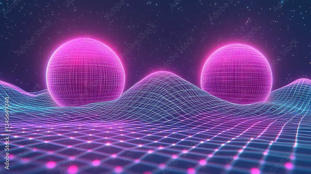 Poster neon spheres glowing above a digital landscape with a grid pattern and starry background, vibrant co