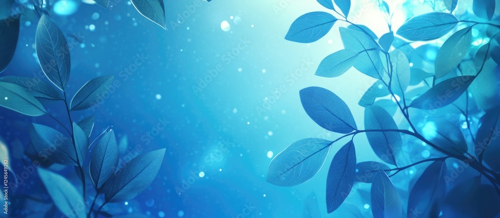 Aufkleber Vibrant abstract blue background with illuminated leaves in varying shades of blue and teal creating a captivating, serene nature scene.
