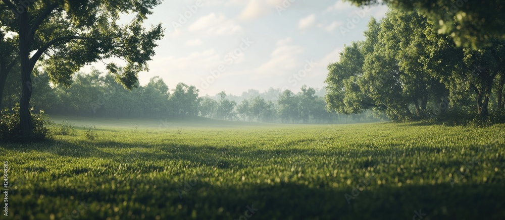 Aufkleber Vast green field with lush greenery in the foreground and soft hills in the background under a serene blue sky creating an inviting atmosphere