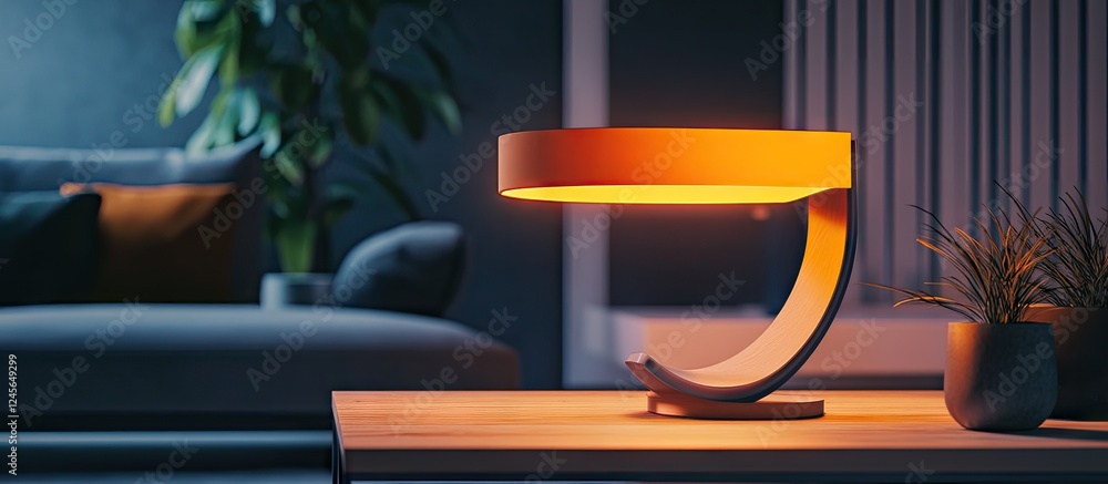 Poster modern table lamp with a sleek curved base in warm orange light, positioned on a wooden table in a s