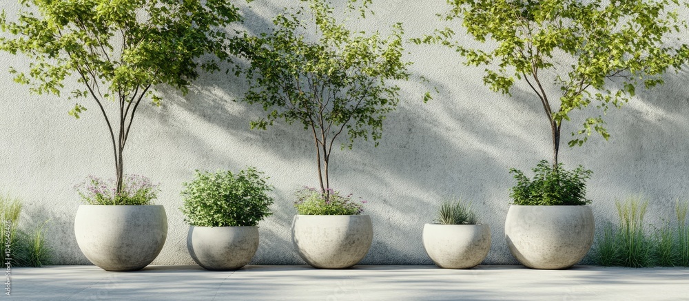 Aufkleber inviting garden scene featuring five varying sized concrete planters with lush greenery and trees, s