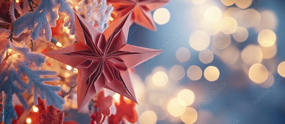 Poster red and pink paper stars hanging elegantly on a snowy backdrop with warm glowing bokeh lights creati