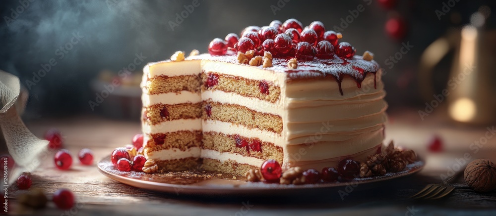 Poster Decadent seven layer cake with creamy frosting topped with vibrant red berries and nuts set on a rustic wooden table, festive ambiance with soft lighting