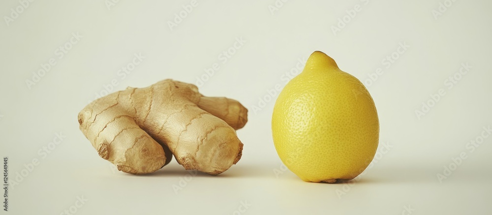 Poster Ginger root in beige color placed on the left side with a bright yellow lemon on the right, both against a soft white background.