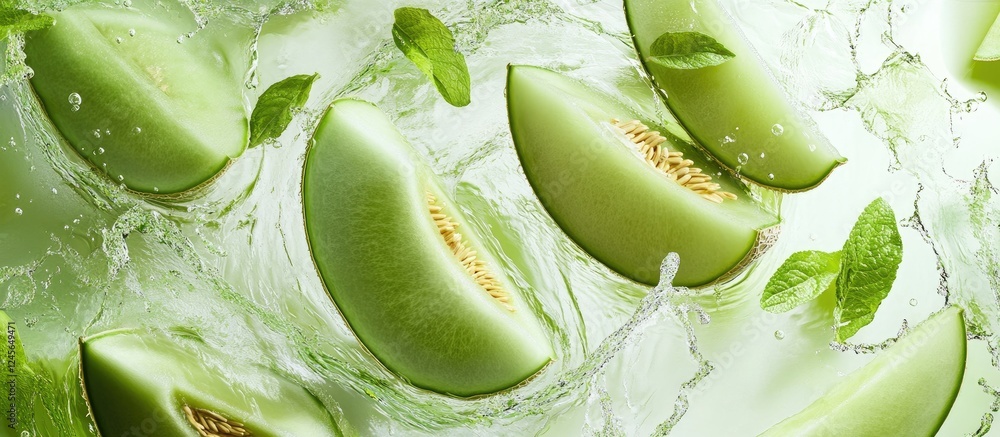 Aufkleber vibrant honeydew melon slices with refreshing water splashes and mint leaves on a light green backgr