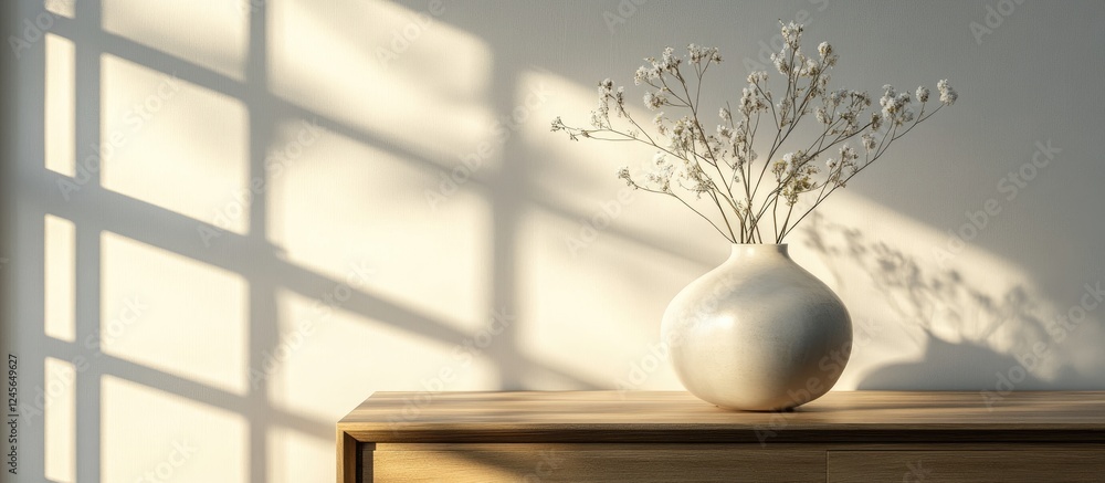 Poster elegant minimalist white vase with delicate branches on wooden nightstand, illuminated by soft natur
