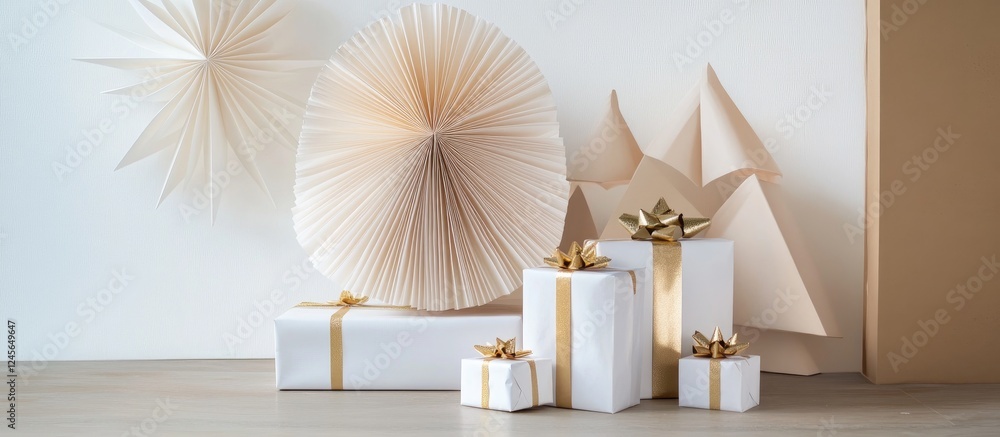 Aufkleber minimalist christmas tree flat lay featuring white and gold elements with three wrapped presents cre