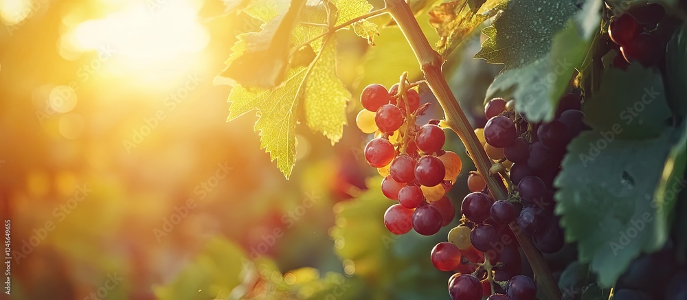 Poster vibrant grapevine clusters with lush green leaves illuminated by warm golden sunlight creating a ser