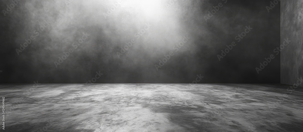 Poster minimalist empty interior with textured concrete walls and floor illuminated by soft light creating 