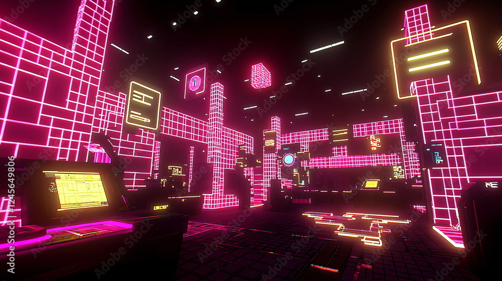 Aufkleber neon-lit futuristic cityscape with glowing grids and structures, bathed in vibrant pinks and yellows
