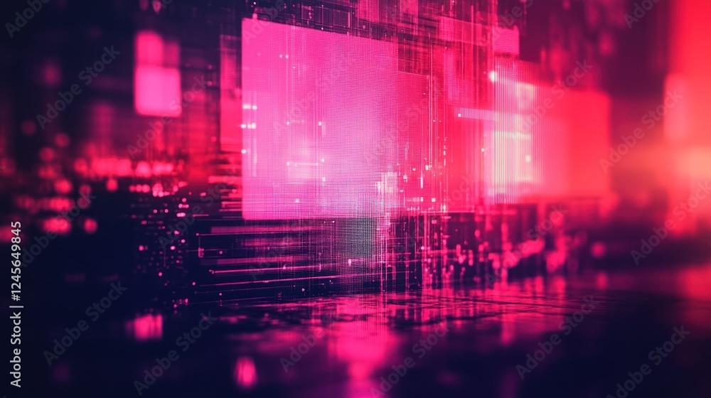Poster abstract digital background with glowing pink and red rectangles and lines.