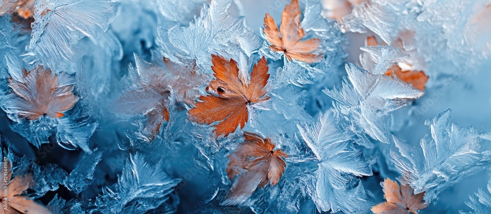Poster Intricate orange and green leaves embedded in shimmering blue ice create a captivating visual pattern showcasing nature's winter beauty.