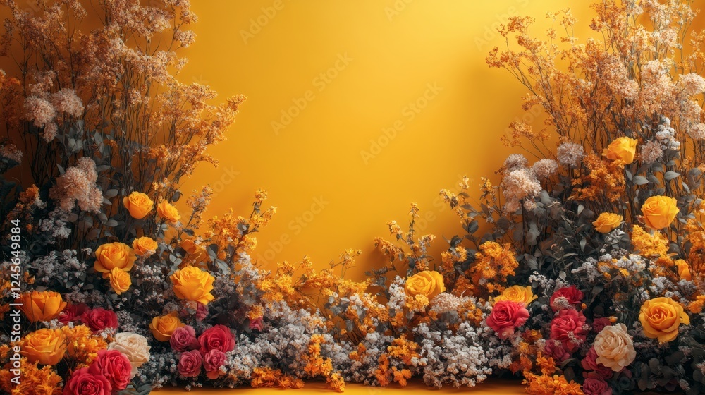 Aufkleber realistic setup with a yellow backdrop and an elegant floral arrangement the image captures the intr
