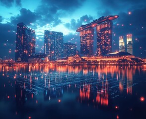 Obraz premium Stunning Night View of a Vibrant City Skyline with Reflections in Water Under a Dramatic Sky Illuminated by Colorful Lights and Vibrant Displays