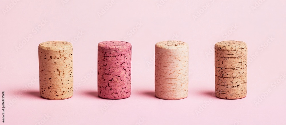 Poster four unique corks in cream, pink, and light tan arranged vertically on a soft pink background emphas